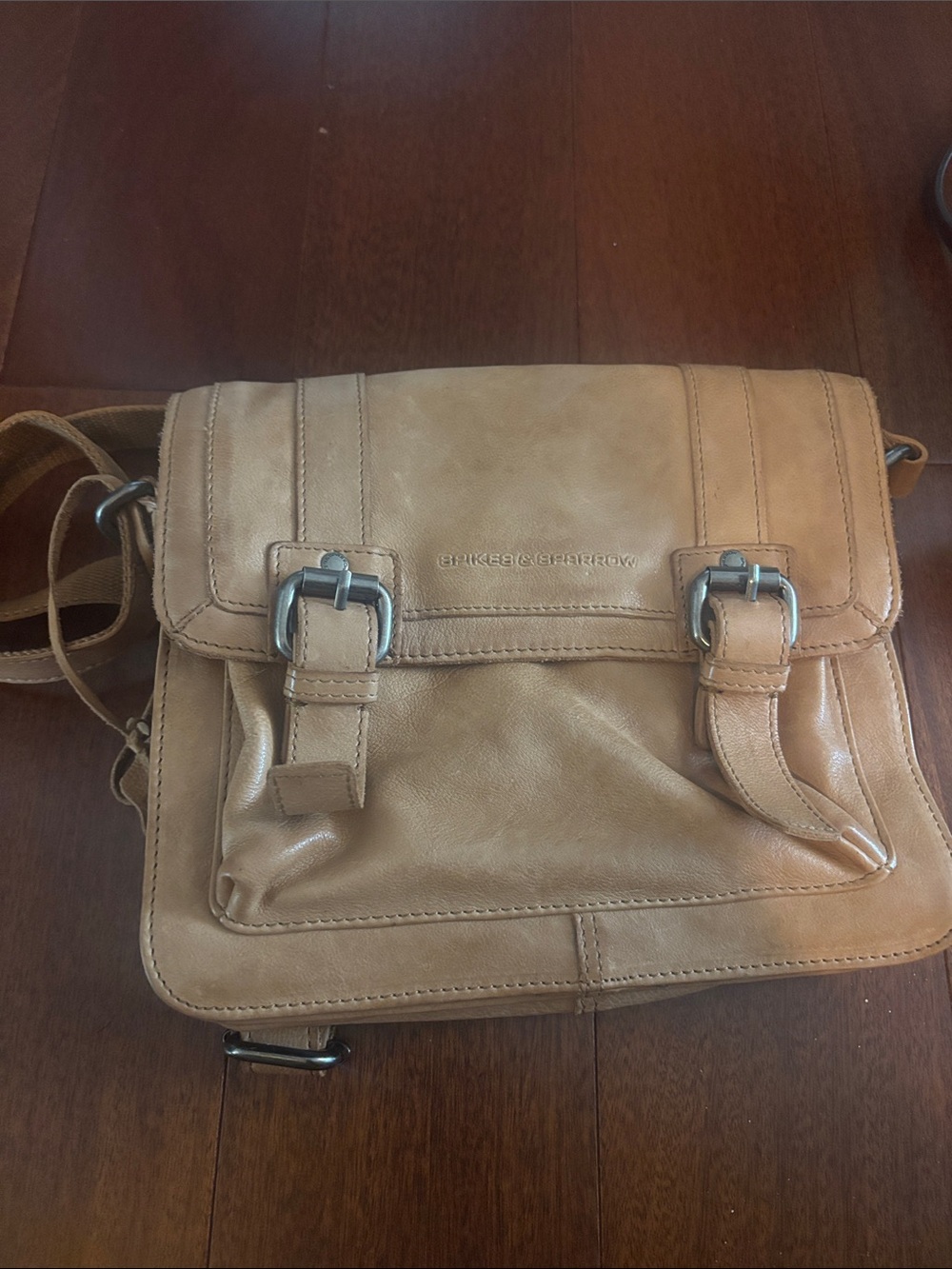Women’s Tan Leather Messenger Crossbody Bag with Buckle Accents